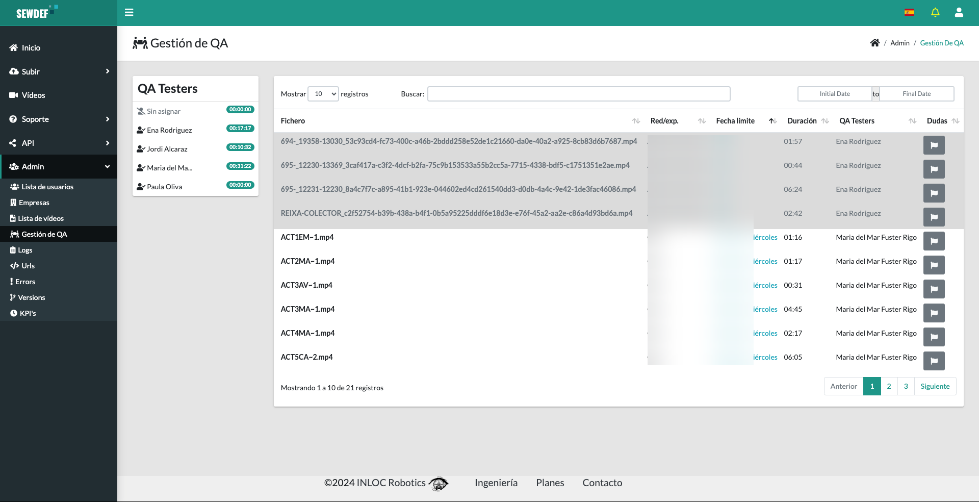 Pantalla antigua de gestión de QA: tabla densa sin agrupar, sin KPIs de carga de trabajo visibles arriba, sidebar de plantilla genérica