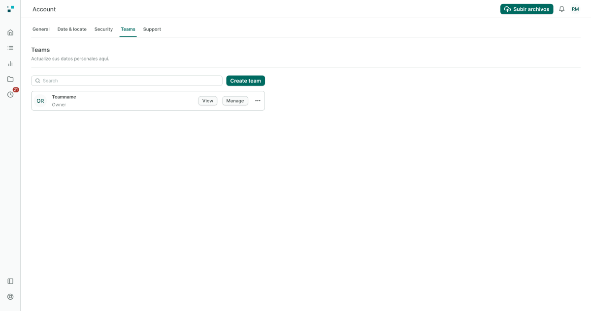 Admin — gestión de equipos. Pantalla de gestión de equipos para el rol Admin, con buscador, creación de equipo y acciones ver/gestionar por miembro