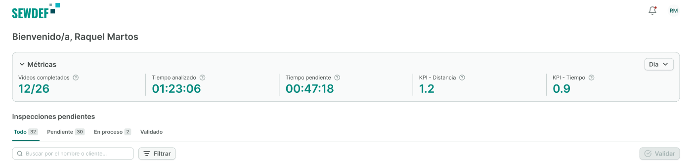 Dashboard QA rediseñado con KPIs de trabajo arriba y tabs de estado Todo/Pendiente/En proceso/Validado