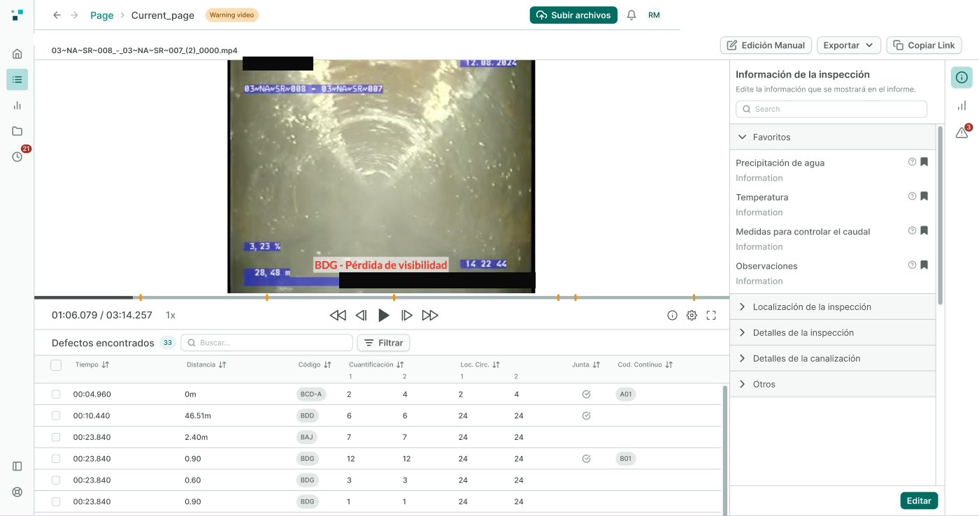 Layout 1 — con panel de contexto de la inspección. Vista de inspección de cliente, layout 1: vídeo y tabla de defectos a la izquierda, panel derecho con secciones expandibles: Favoritos (precipitación de agua, temperatura, medidas para controlar el caudal, observaciones), localización, detalles de inspección, detalles de la canalización