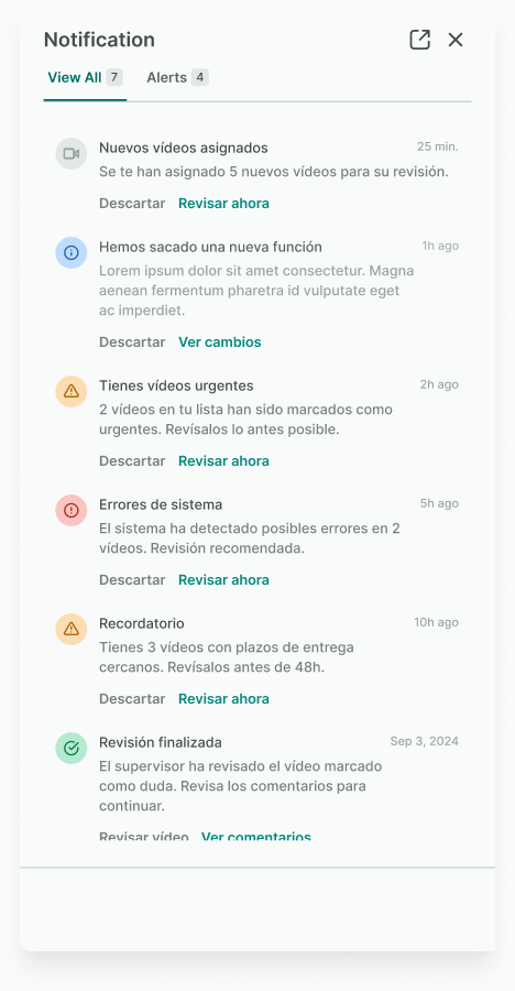 Notificaciones — vídeos urgentes, errores de sistema, revisión finalizada. Panel de notificaciones con vídeos asignados, vídeos urgentes, errores de sistema y revisión finalizada por el supervisor