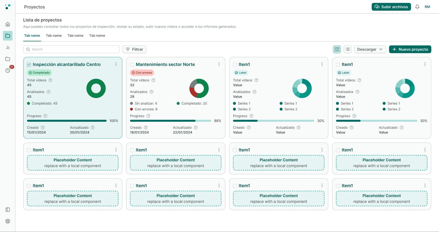 Listado de proyectos — vista grid con progreso y distribución de estados. Listado de proyectos en tarjetas, con gráfico de donut de estados, barra de progreso y fechas de creación/actualización