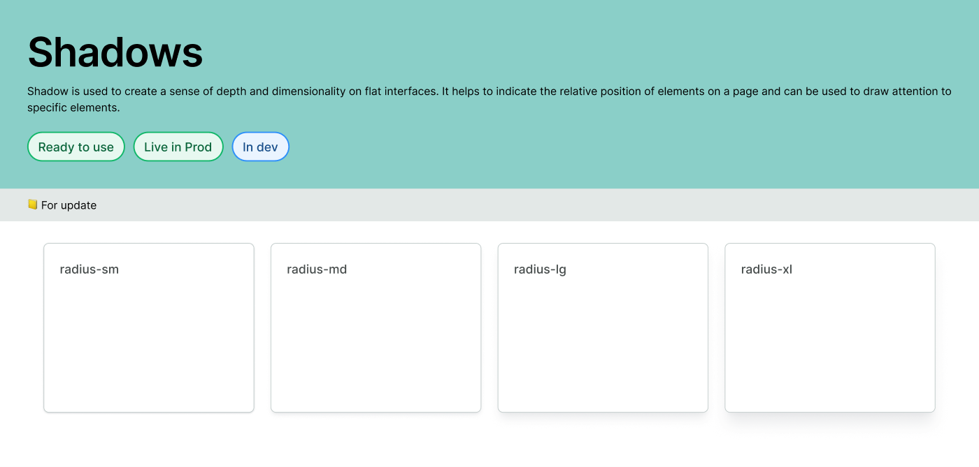 Shadows — 4 niveles de elevación. Cuatro niveles de sombra del design system