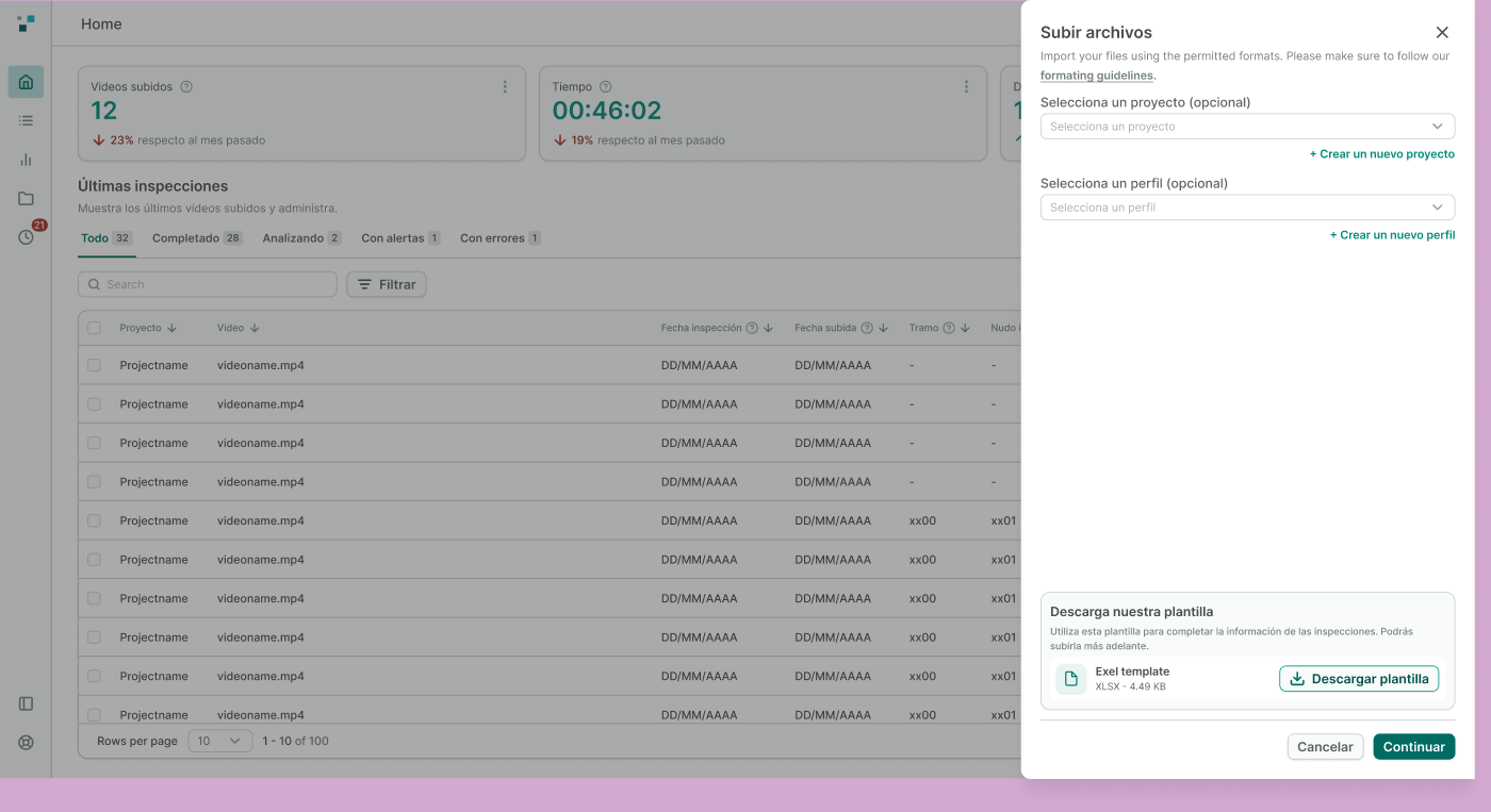 Asistente de subida rediseñado con selección de proyecto y perfil, creación inline y plantilla de datos descargable