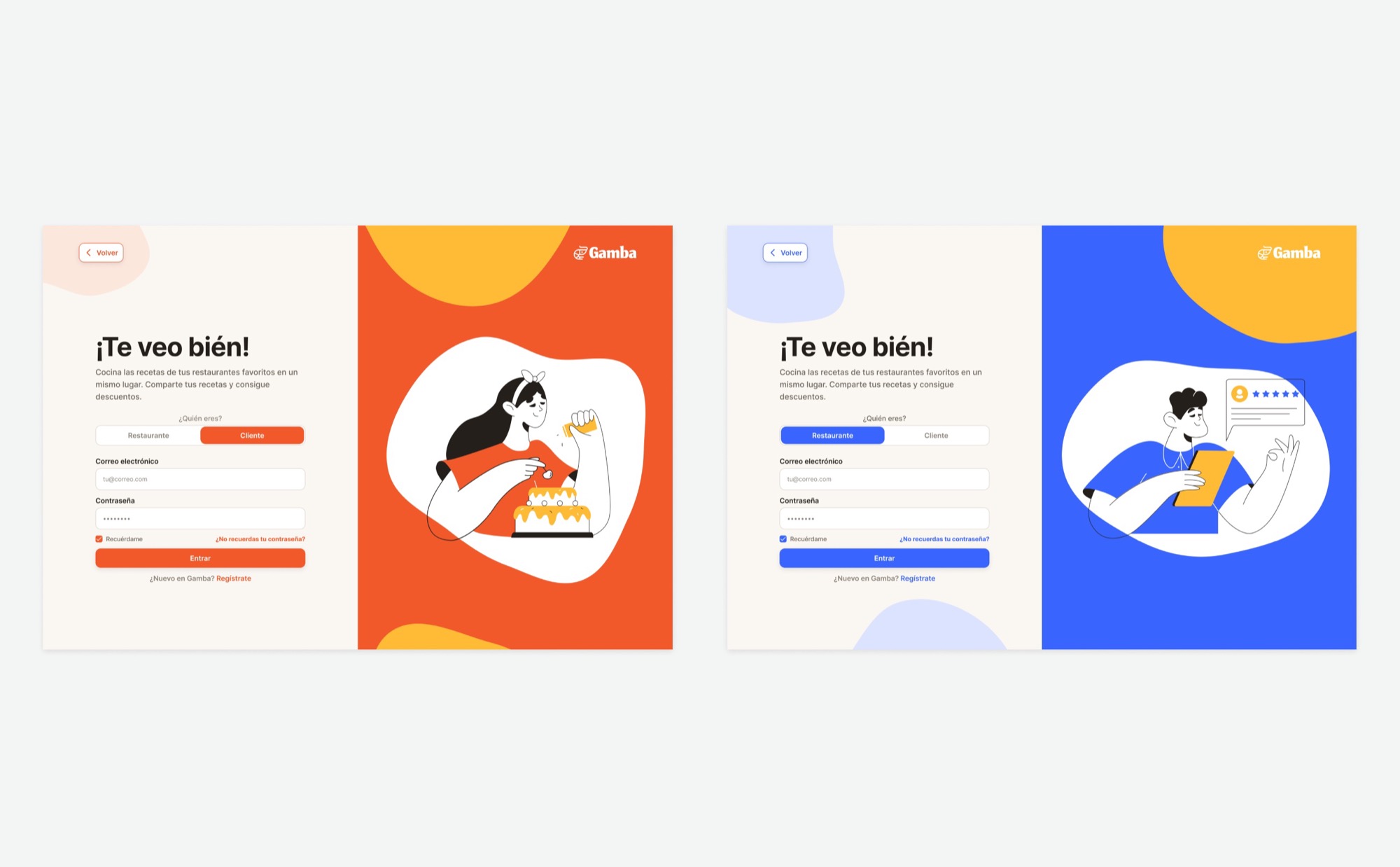 Login de Gamba en sus dos colores de marca: naranja para Cliente y azul para Restaurante, con el selector '¿Quién eres?' y la misma ilustración adaptada a cada rol