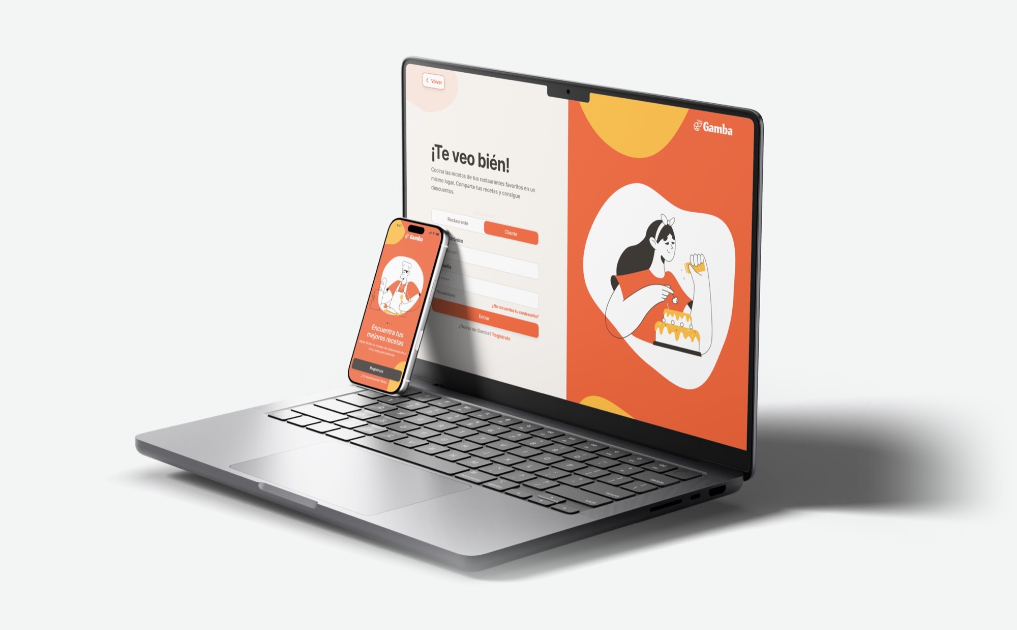 Mockup de la pantalla de login de Gamba en portátil y móvil: titular '¡Te veo bién!', selector Restaurante/Cliente y pantalla de bienvenida 'Encuentra tus mejores recetas'