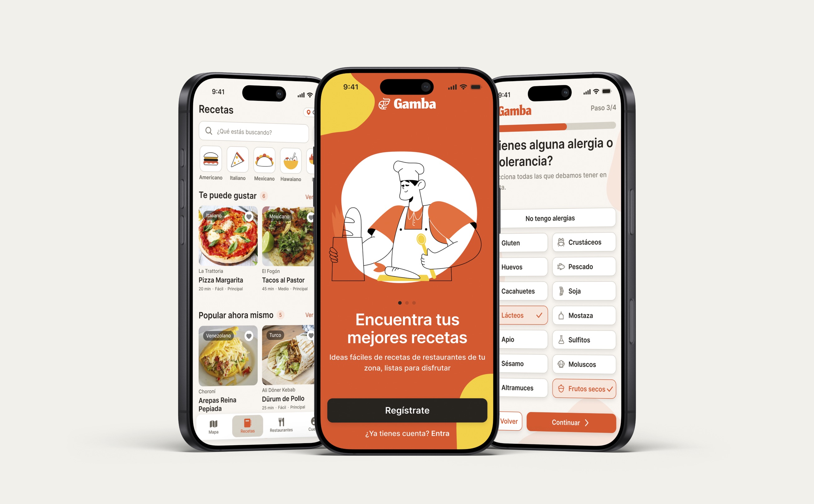Tres pantallas de Gamba en iPhone: home de recetas con tarjetas de restaurantes locales, pantalla de bienvenida 'Encuentra tus mejores recetas' y selección de alergias