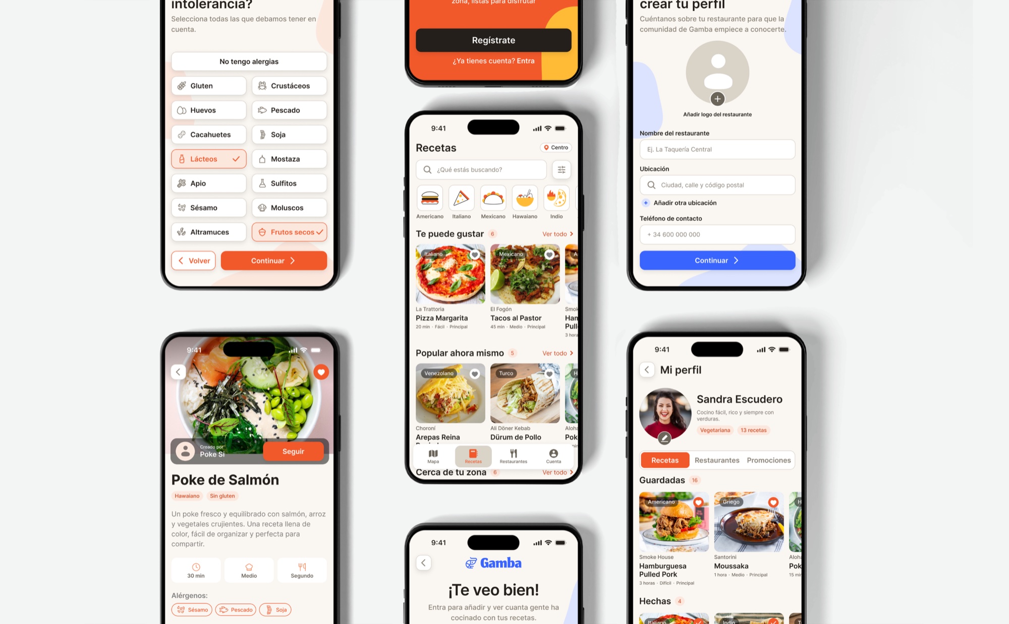 Collage de pantallas de Gamba: onboarding de alergias, registro de restaurante, pantallas de recetas y descubrimiento de restaurantes cercanos, perfil de receta y perfil de usuario con recetas guardadas