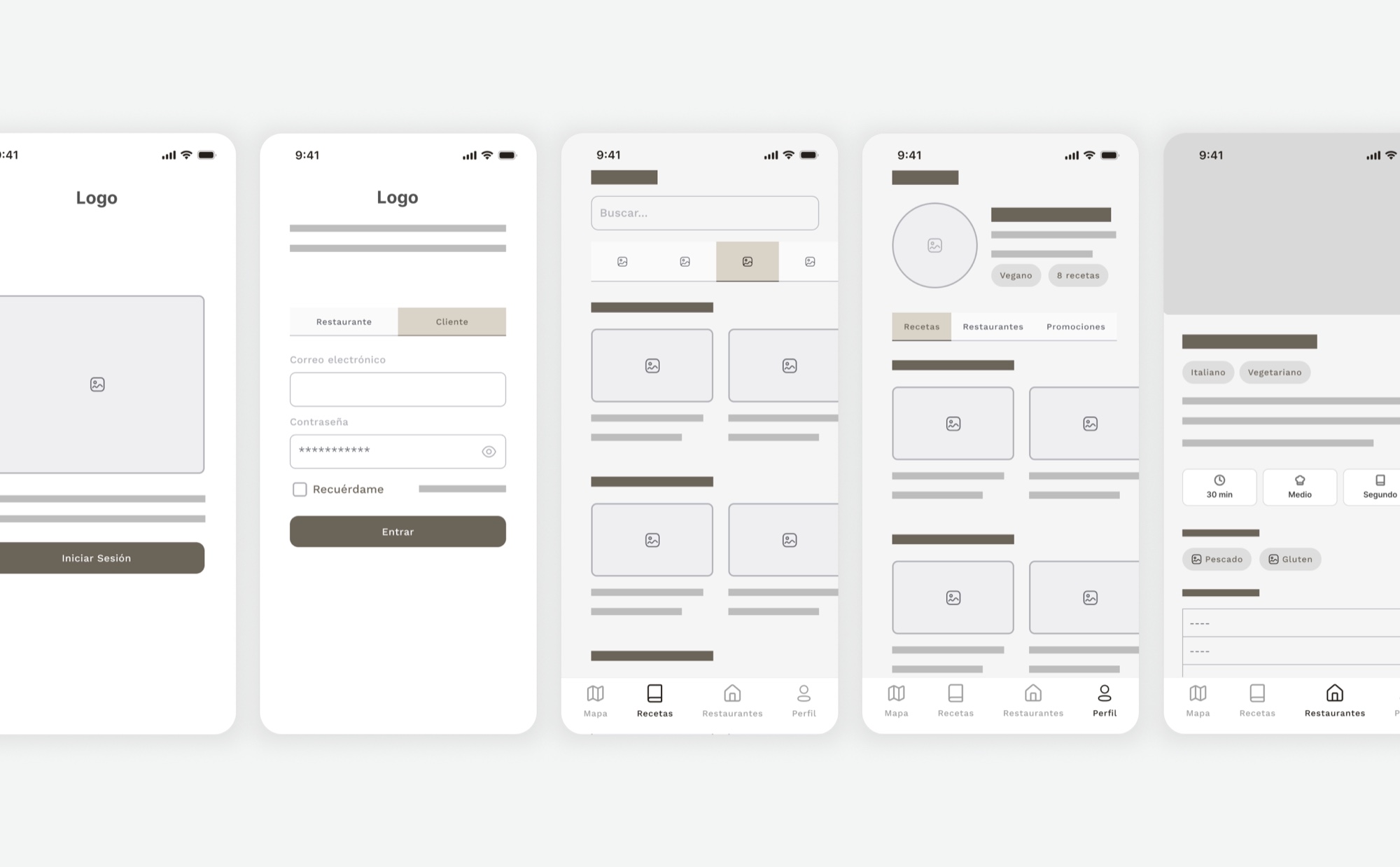 Wireframes de baja fidelidad de Gamba: pantallas de bienvenida, login con selector Restaurante/Cliente, home de recetas con filtros, perfil con pestañas Recetas/Restaurantes/Promociones, y detalle de receta con alérgenos