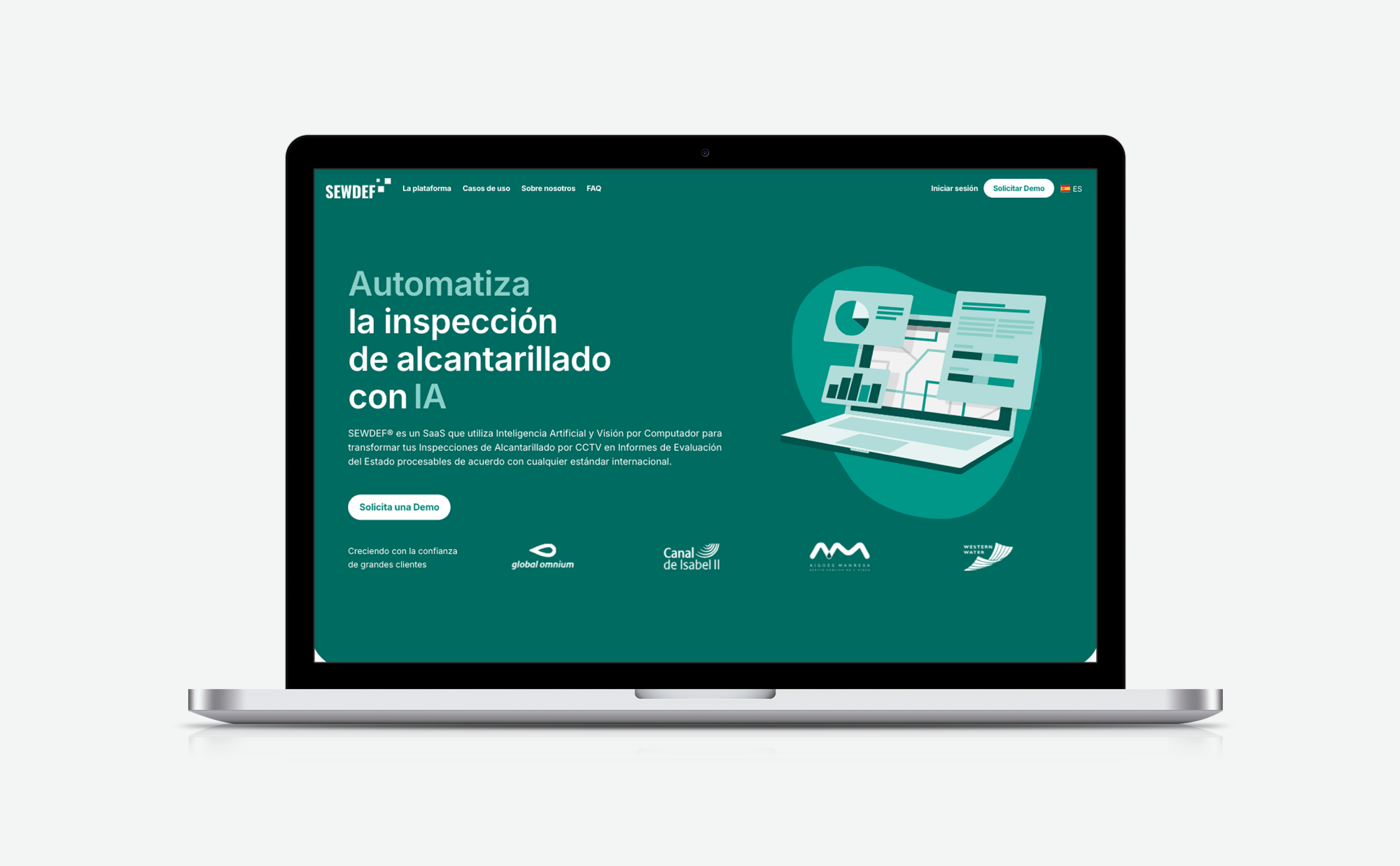 Mockup del hero de SEWDEF: titular 'Automatiza la inspección de alcantarillado con IA', ilustración de un portátil con dashboard y logos de clientes de confianza
