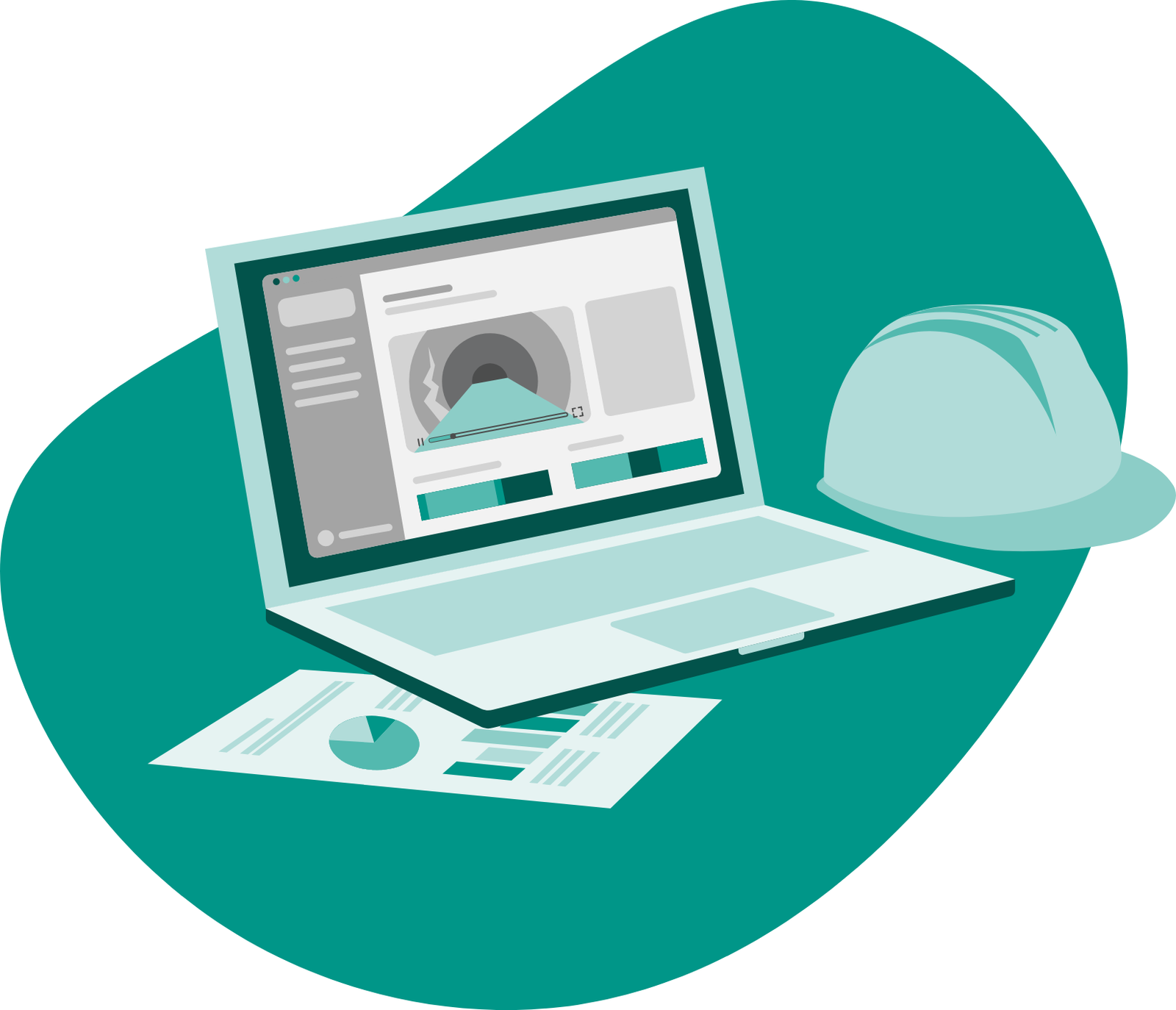 Ilustración 3: laptop con un informe impreso y un casco de obra al lado