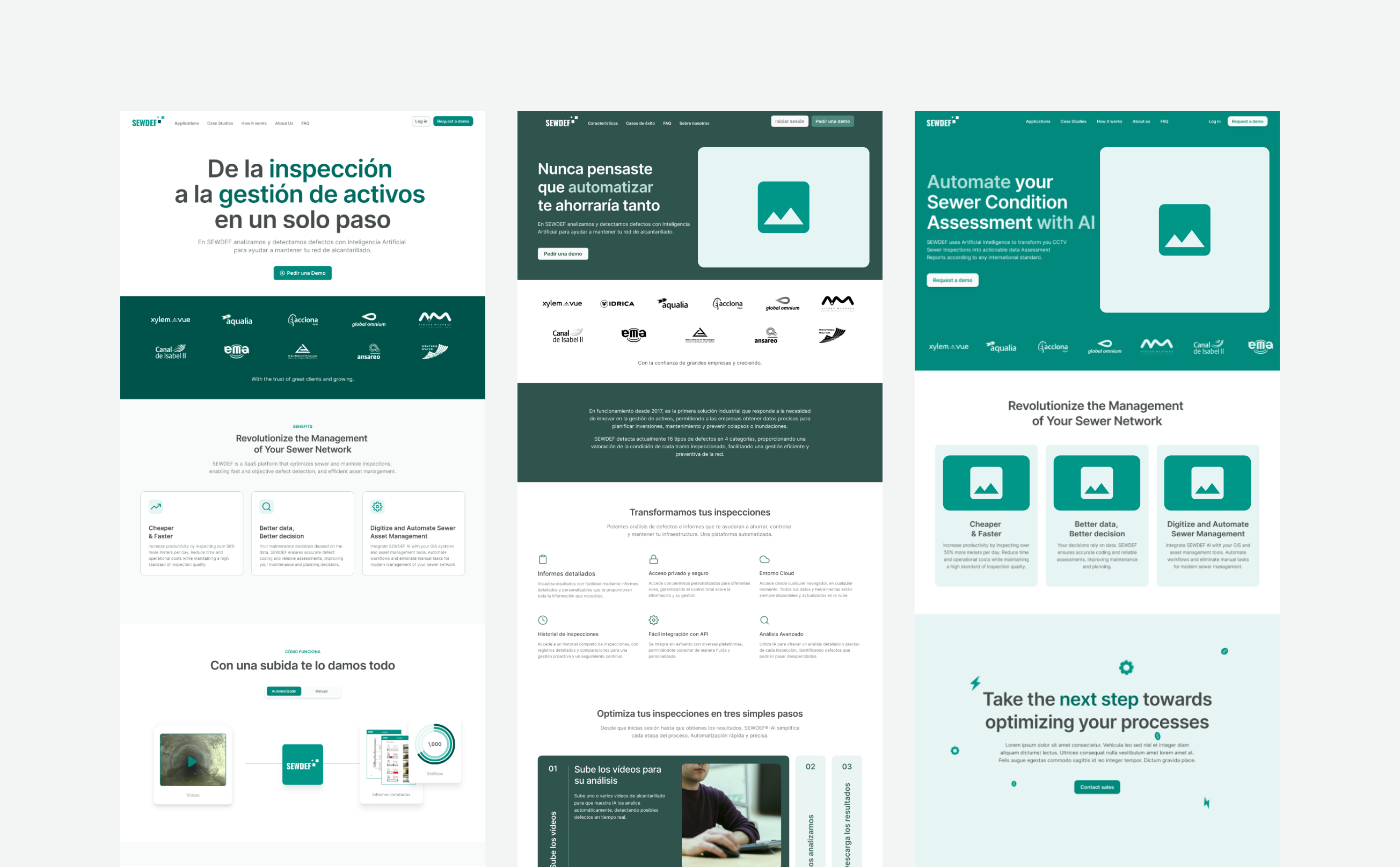 Tres variaciones completas de la landing: la primera sin ilustración apoyada solo en tipografía y color, la segunda con bloques de imagen a definir sobre fondo verde oscuro, y la tercera con la ilustración del laptop en el hero
