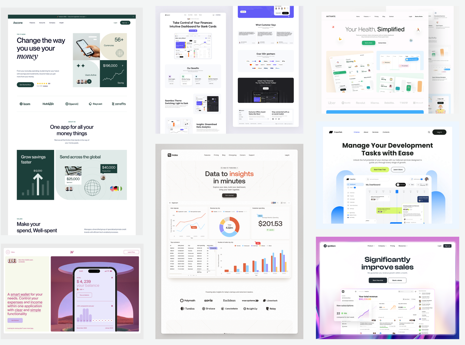 Moodboard de referencias: collage de landing pages SaaS con hero, paneles de datos, tiras de logos de confianza y secciones de beneficios