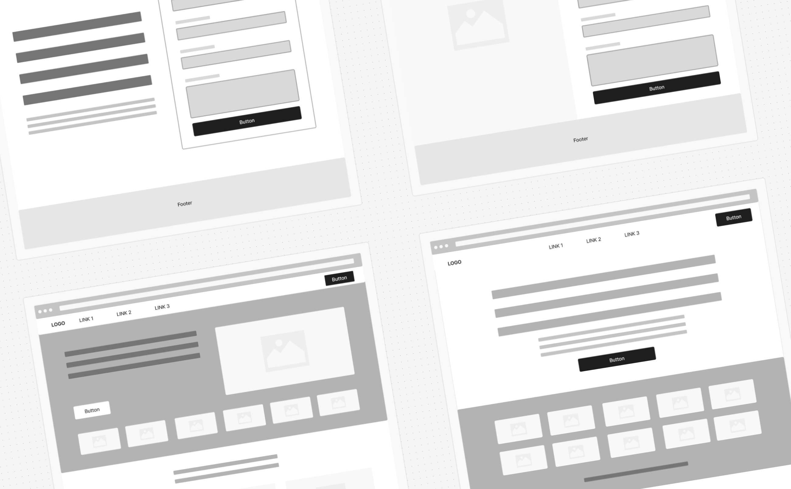 Collage de 4 wireframes de fidelidad media de la landing de SEWDEF, mostrando la disposición de hero, contenido y footer sin detalles estéticos